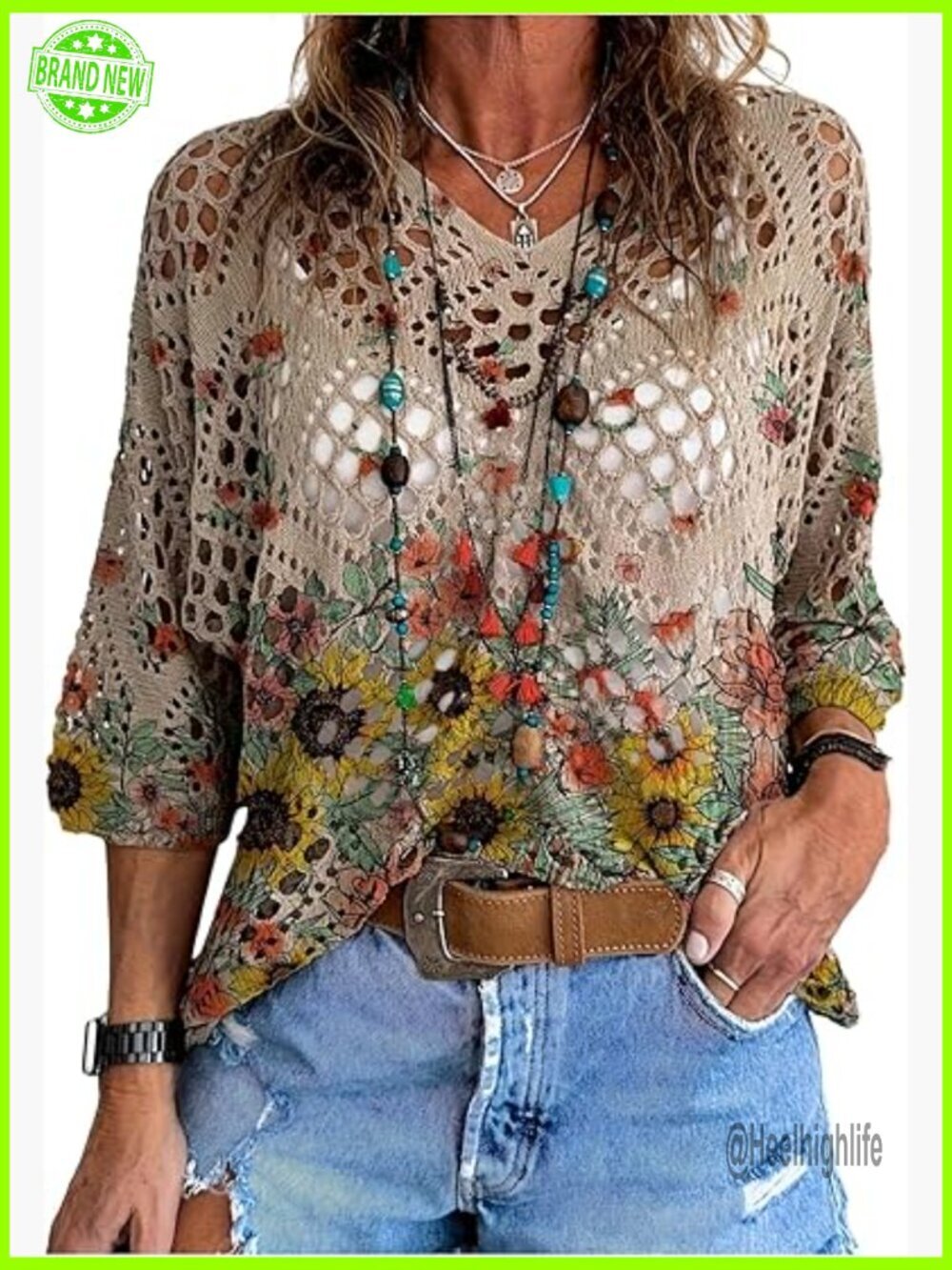 Floral Crochet Sweater 3/4 Sleeve V-Neck Pullover Loose Fit Knit Top